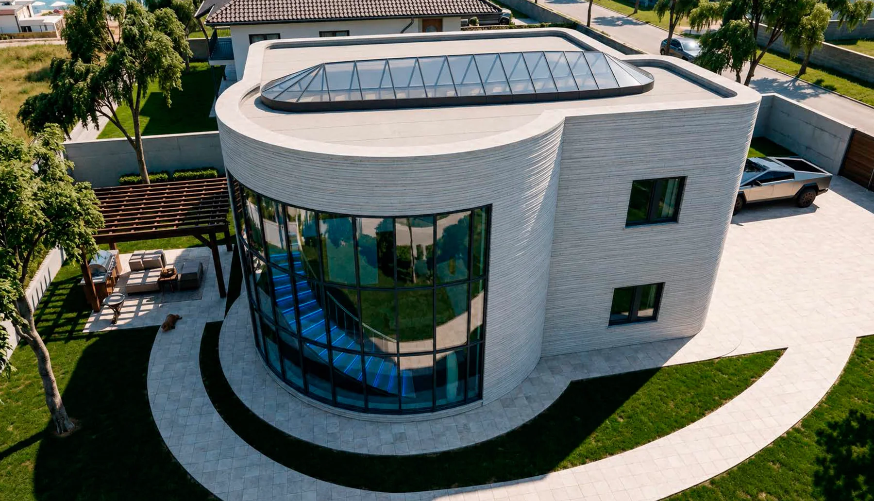 Pilot house in Бургас, България, a 215 square metre application visualisation with curved concrete-printed walls