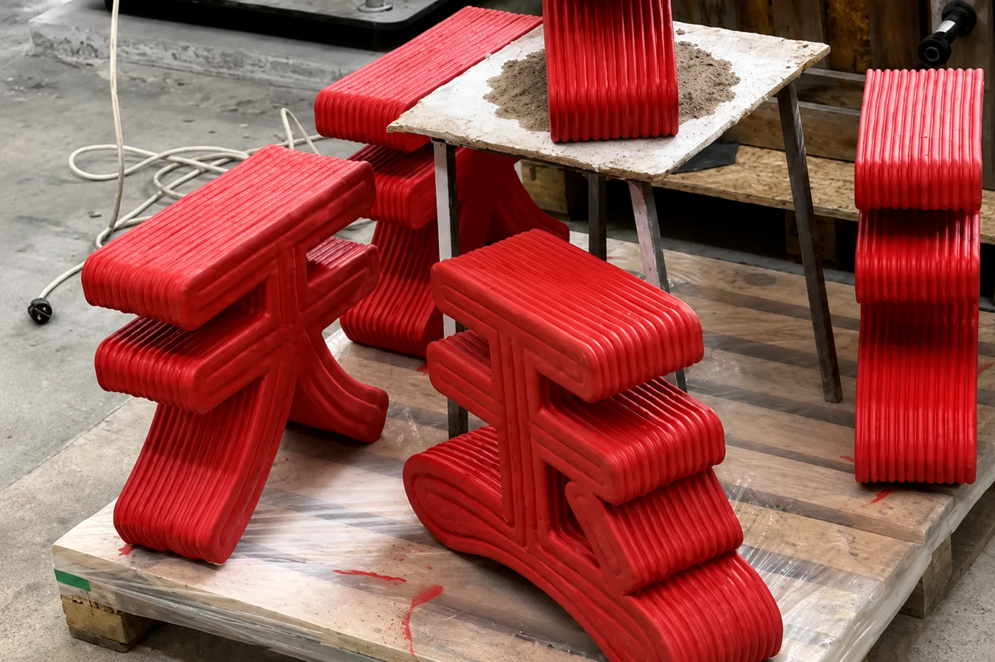 Red finished 3D-printed objects with complex continuous geometry